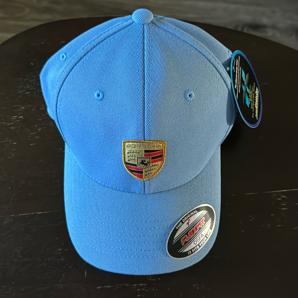NWT baby blue Porsche official flexfit stretchable cap